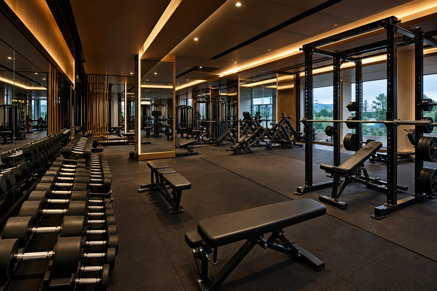 Modern strength-training floor with dumbbells and squat rack