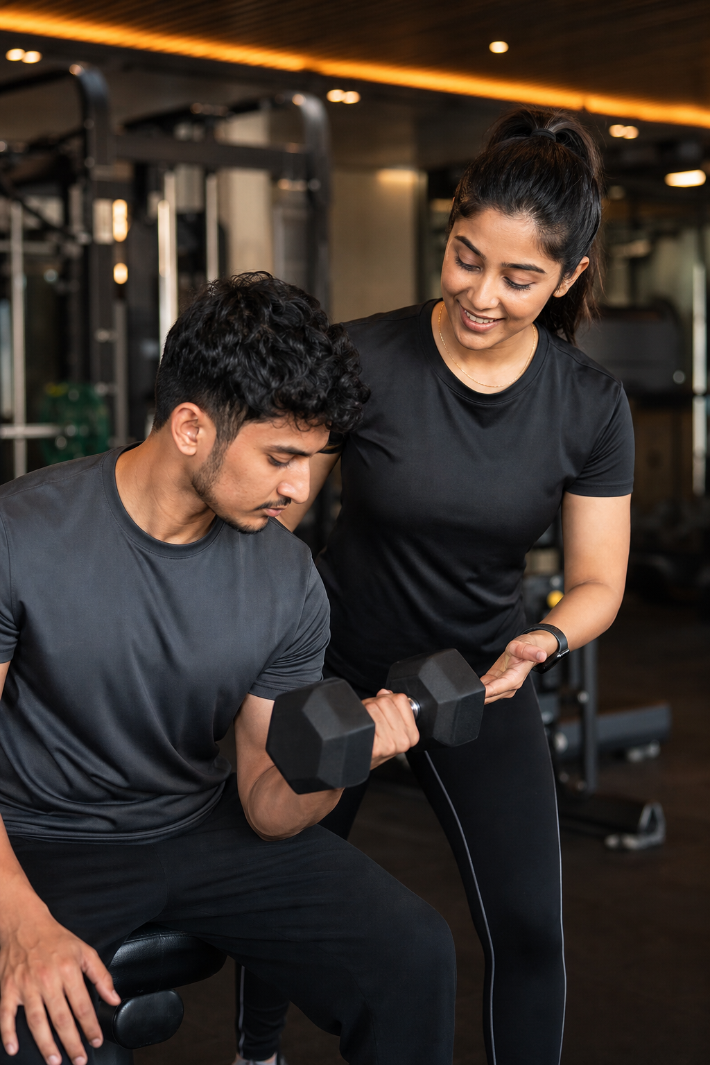 Trainer coaching a member with dumbbells